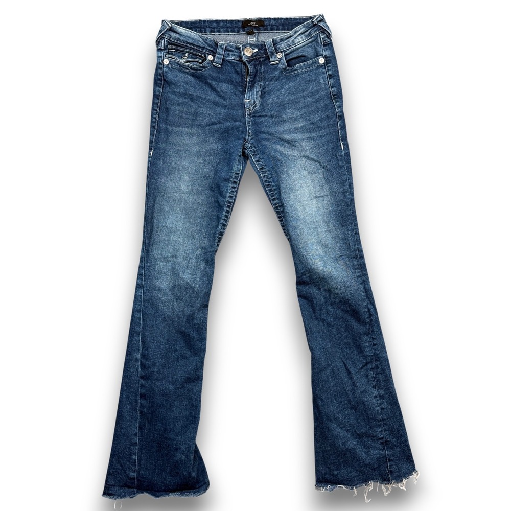 True Religion Jeans Women 29 Blue Joey Mid‎ Rise Flare Denim Frayed Hem Vintage
